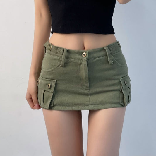 DEEPTOWN Denim Cargo Mini Skirt Women Korean Style Low Waist Slim Sexy Vintage Streetwear Green Pencil Skirt Y2k Girl Summer