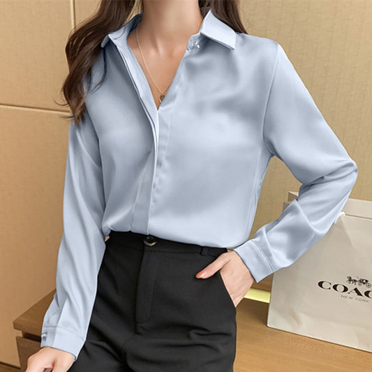 2023 Spring Women's Shirts Satin Blouse for Women Long Sleeve Shirt Silk White Shirt OL Woman Solid Blouses Pullover Ladies Tops