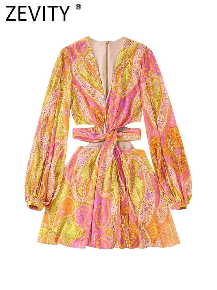 Zevity Women Vintage V Neck Cashew Nuts Floral Print Chiffon Mini Dress Female Chic Long Sleeve Twist Hollow Out Vestidos DS1845