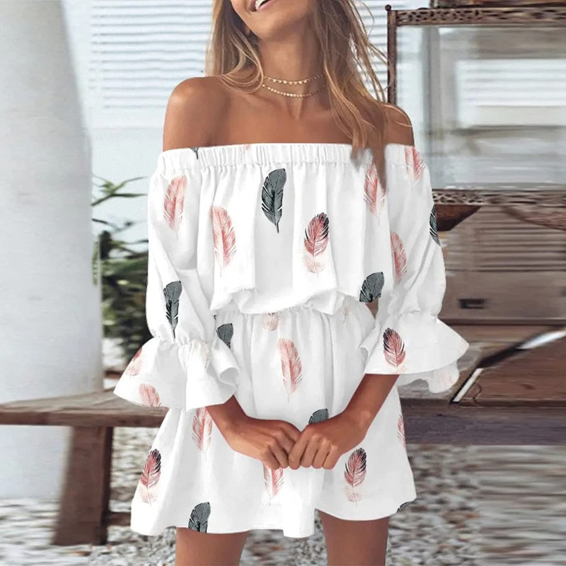 Women Floral Print Mini Dresses 2023 Summer Sexy Off Shoulder Flare Sleeve Tunic Dress Female Casual Boho Beach Dress Vestidos