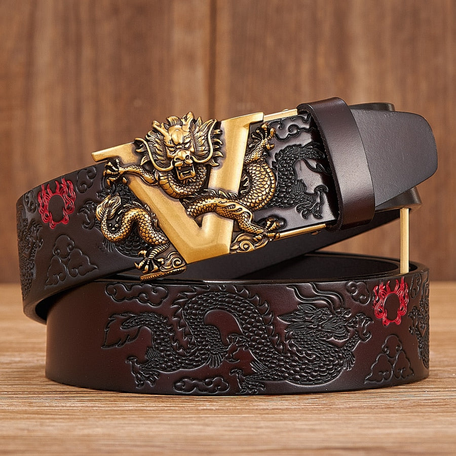 New Male China Dragon Belt Cowskin Genuine Leather Belt for Men Carving Dragon Pattern Automatic Buckle Belt Strap For Jeans