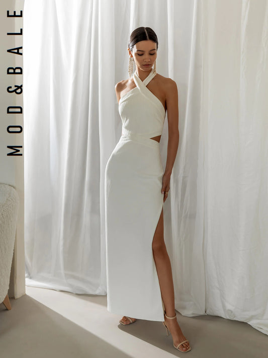 2023 Summer Woman Halter Party Dress Sleeveless Backless Wedding Hollow Long Skirt  Tight Evening Club Elegant Dresse White Sexy