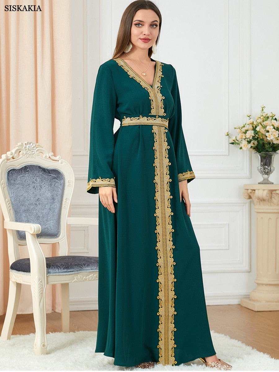 Dresses For Muslim Women Lace Embroidery V-Neck Long Sleeve Party Maxi Dress With Belt Elegant Moroccan Kaftan Turkey Wears