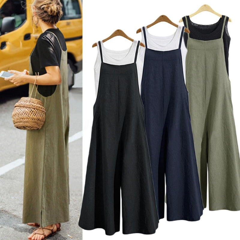 Casual Woman Jumpsuits 2023 Summer Solid Cotton Linen Straps Wide Leg Pants Comfort Pockets Sleeveless Bib Overalls Long Rompers