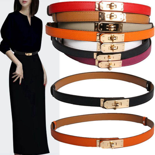 2022 New Luxury Brand High Quality Women Real Leather 1.8cm Width Belts Golden Lock Buckle Dress Jeans Sweater Waistband Belt