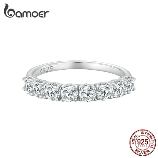 BAMOER 0.8CT D Color VVS1 EX Round Moissanite Ring 925 Sterling Silver Eternity Ring Women Engagement Wedding Luxury Band