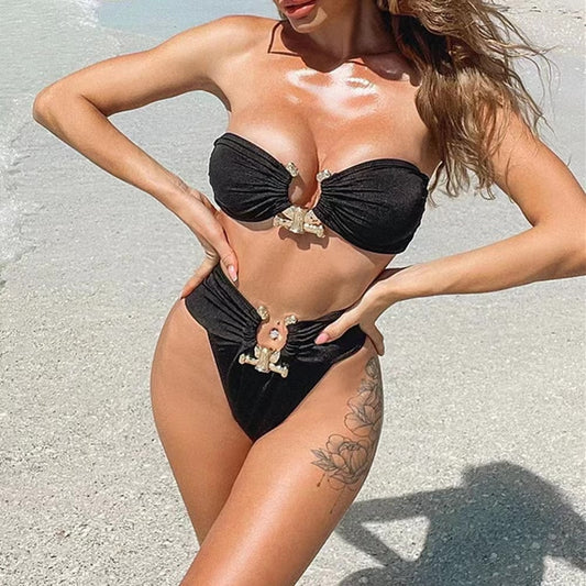 Sexy Solid Black Bikini 2023 New Women Off Shoulder High Cut Push Up Padded Rhinestone Swimwear Brazilian Bathing Suit Swimsuit