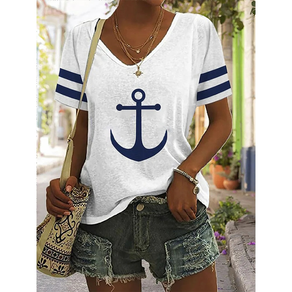 Summer Shirts Women T Shirt Short Sleeve Tops Anchor Graphic Clothing Everyday Streetwear V-Neck Pullovers For Women's Tees 2023