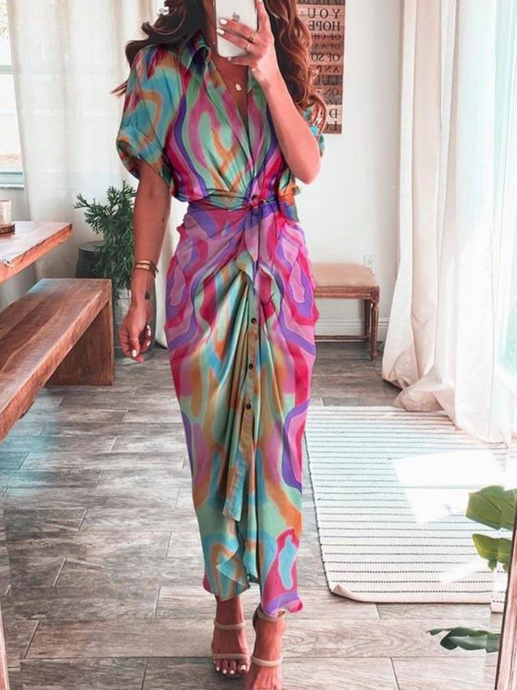 Women Elegant Shirt Dress Summer Fashion Printed Button Ruched Bandage Long Dresses Female Solid V Neck Beach Dress Casual Robe