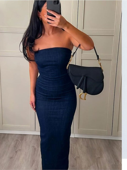 Blue Denim Strapless Backless Zipper Back Split Dress Sexy Sleeveless Wrap Buttock Long Dress Women High Street Fashion Dresses